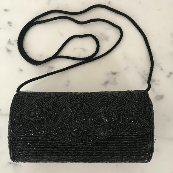 Vintage Black Bugle Bead Evening Bag Clutch MINT - Picture 2 of 10
